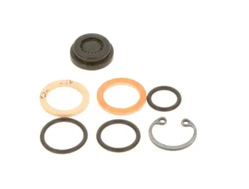 Dichtungsset von Bosch mit verschiedenen Dichtungen und Ringen in unterschiedlichen Formen. Enthält O-Ringe und eine Sicherungsring-Komponente.